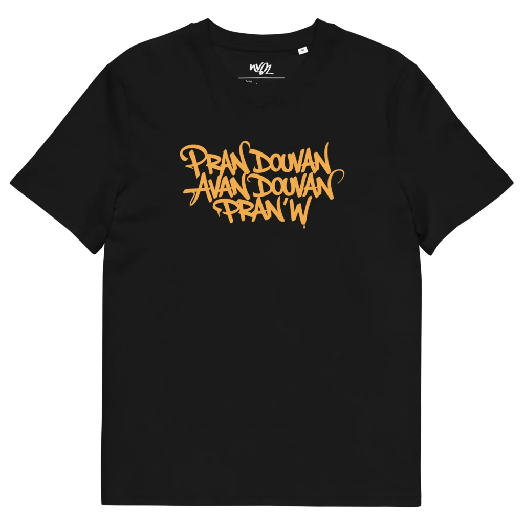 t-shirt pran douvan avan douvan pranw orange nèg a vyé manni